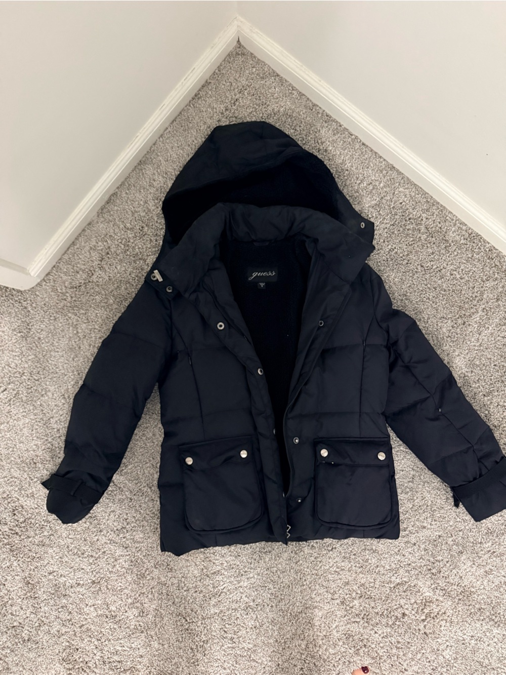 Guess Black Down Feather Hooded Puffer Jacket-SZ S